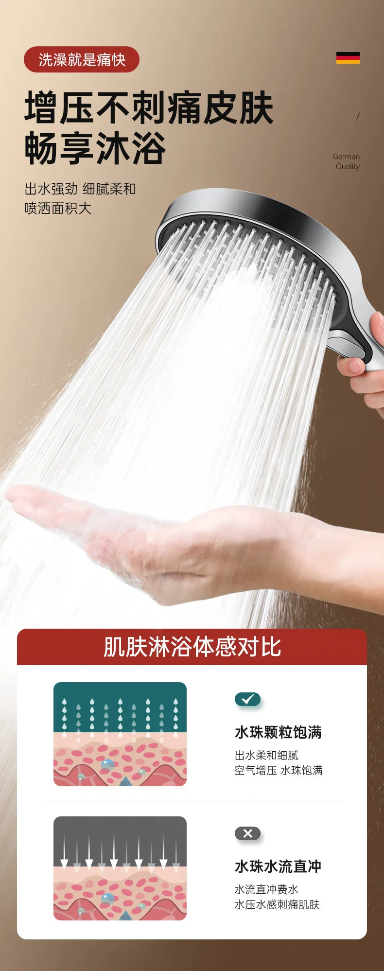 Hochdruck Duschkopf 13 cm mit 3 Modi aus ABS Plastik und Chrom