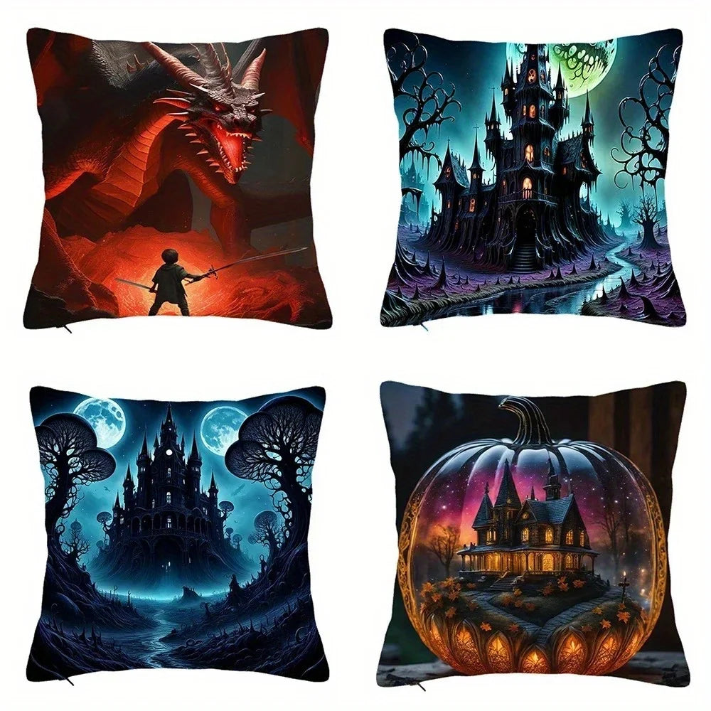 Fantasy Kissenbezug Drachen und Schloss für Sofa und Wohnzimmer