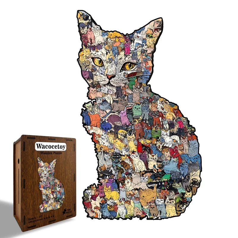 Kreatives 3D Holzpuzzle Katzenform als Sparbank und Denkspiel