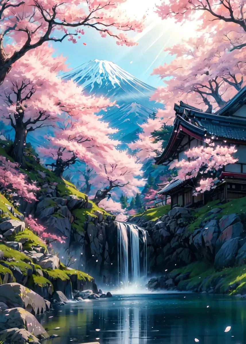 Japanisches Kirschblüten-Dorf Leinwanddruck mit Mount Fuji Wandkunst-Yabubest - Home & More