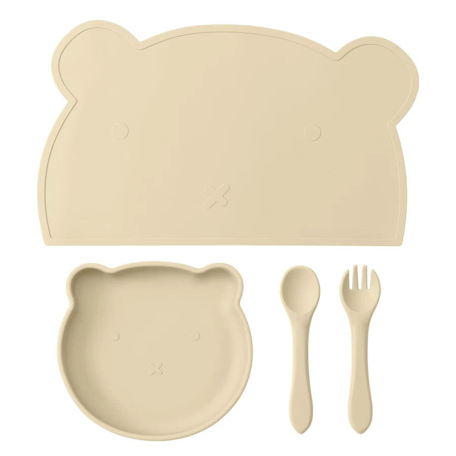 4-teiliges BPA-freies Silikon Kinder Geschirr Set mit Teller Löffel Gabel