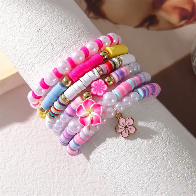 Bunte Polymer Clay Perlen Armbänder mit Blumen Muschel Quaste Damen