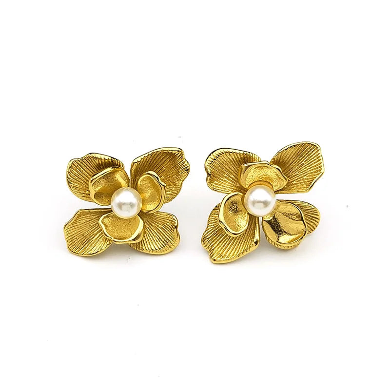 Gardenia Blume Imitation Perlen Ohrringe Edelstahl Gold Farbe Damen