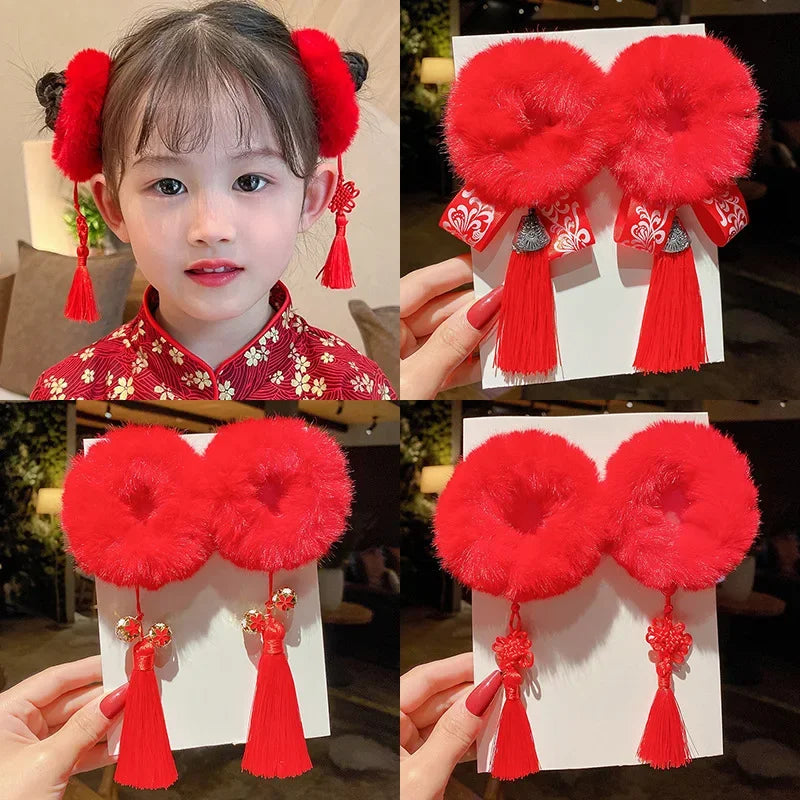 Traditionelle rote Quasten Haar Schlaufen – 2 Stück Polyester für Mädchen
