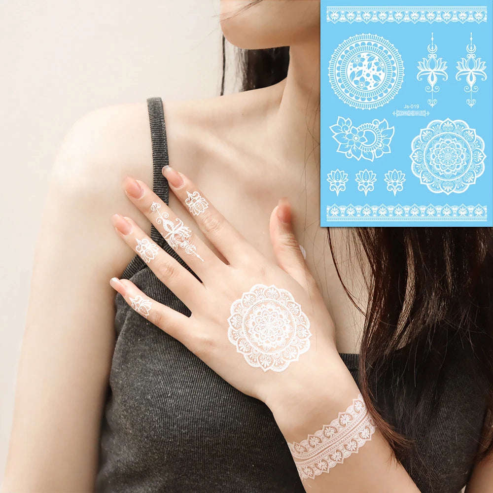 6 Blatt Weiße Henna Tattoos Boho Wassertransfer Körpertattoos Damen
