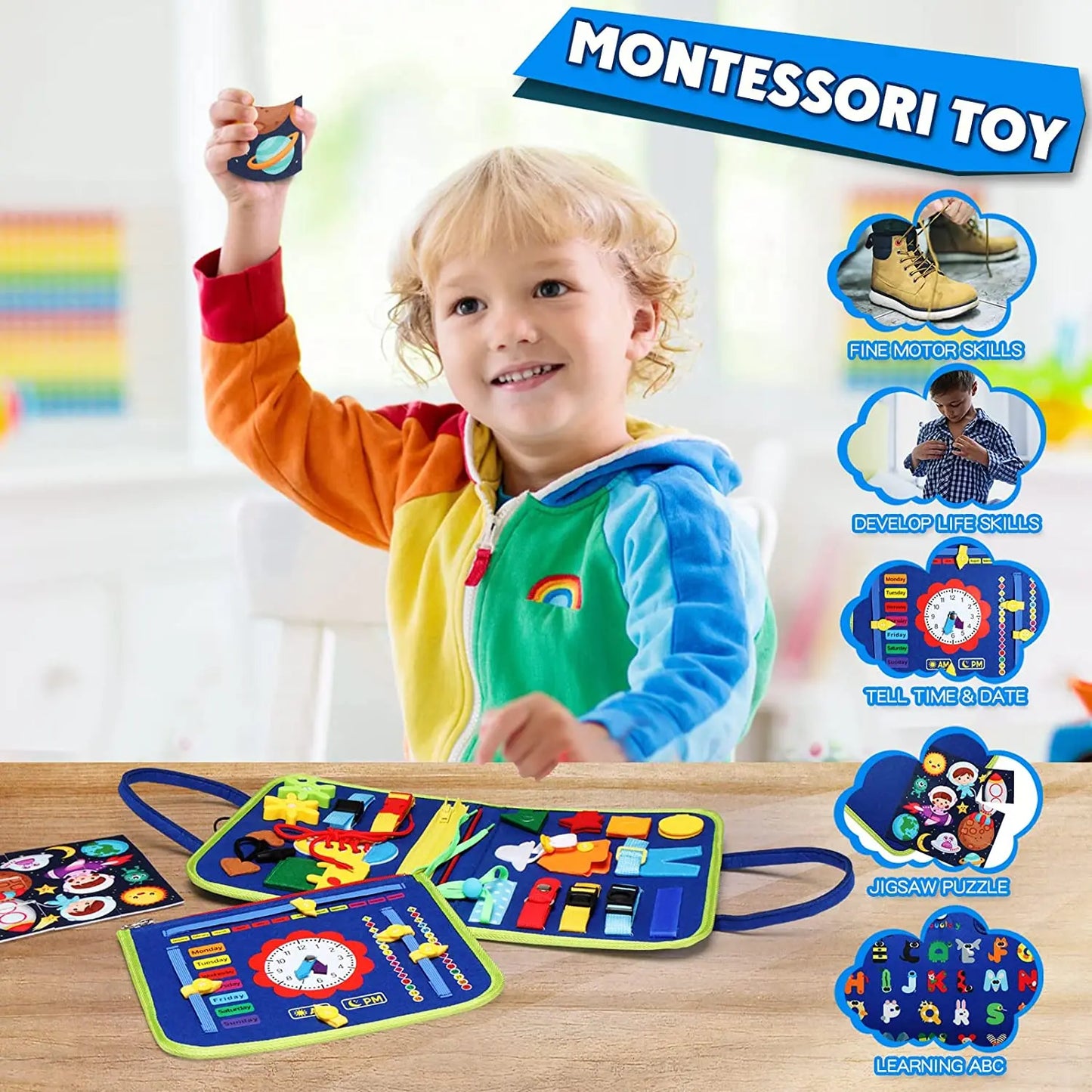 Spielerisch Lernen: Montessori Beschäftigungsbrett mit 16 Elementen für Kinder 3-6 Jahre