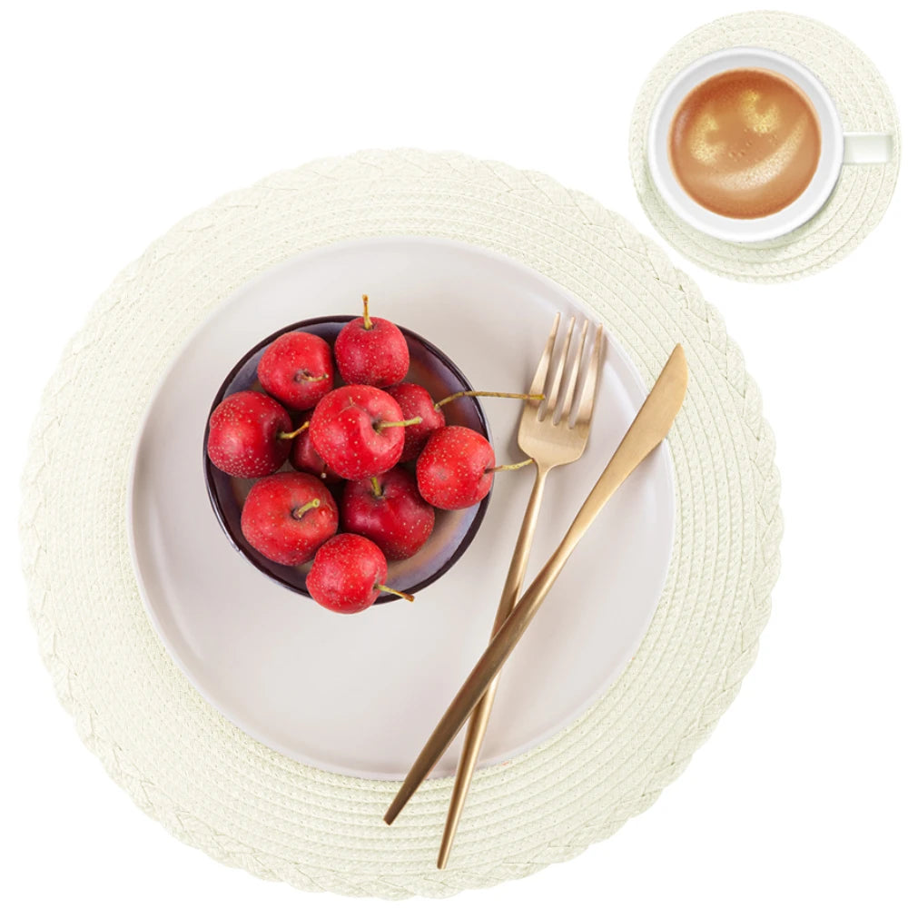 Set mit 6 runden geflochtenen Tischsets 34 cm waschbar rutschfest