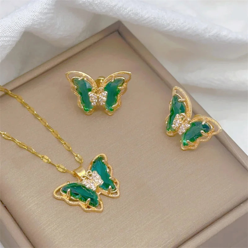 Schmetterling Schmuck Set für Damen – Halskette & Ohrringe aus Edelstahl