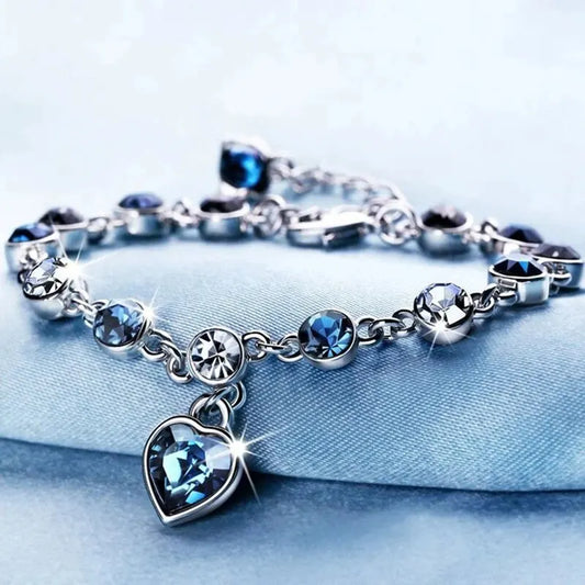 Silberfarbenes Damen Armband mit Blauem Kristall Herz Charme für Hochzeit