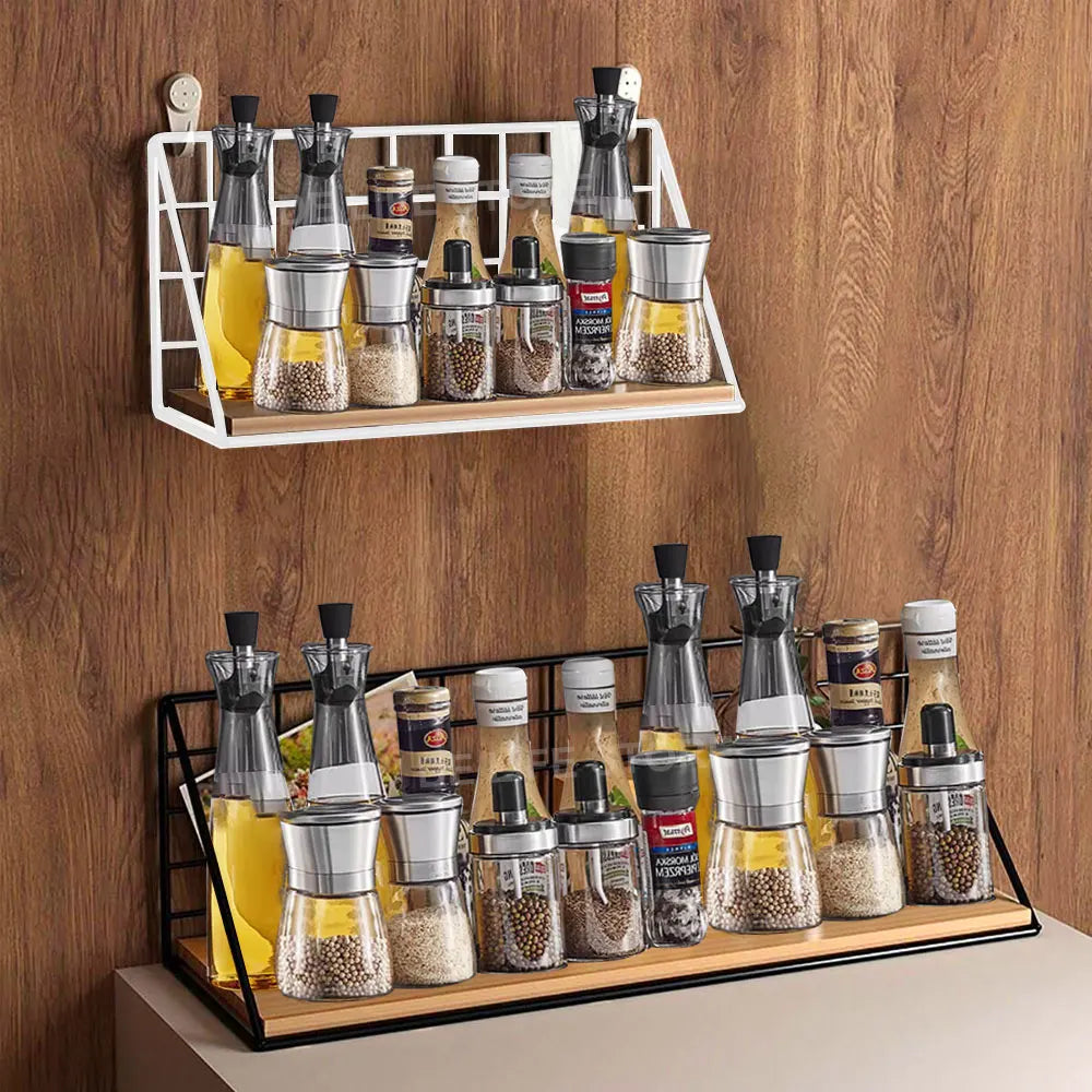 Platzsparendes Gewürzregal aus Holz und Metall zur Wandmontage