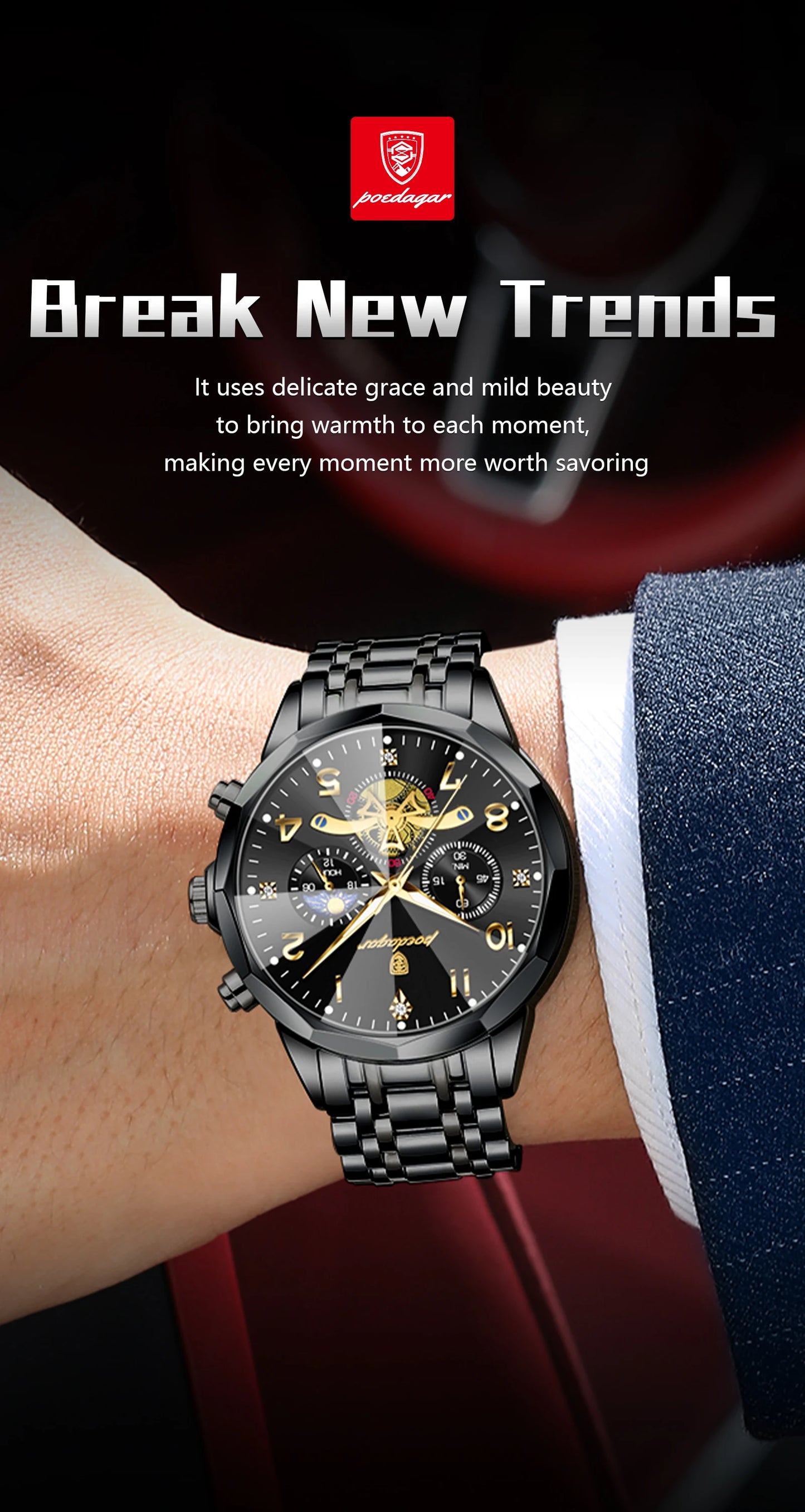 Wasserdichte Edelstahl Herrenuhr mit Chronograph und Leuchtfunktion-Yabubestshop