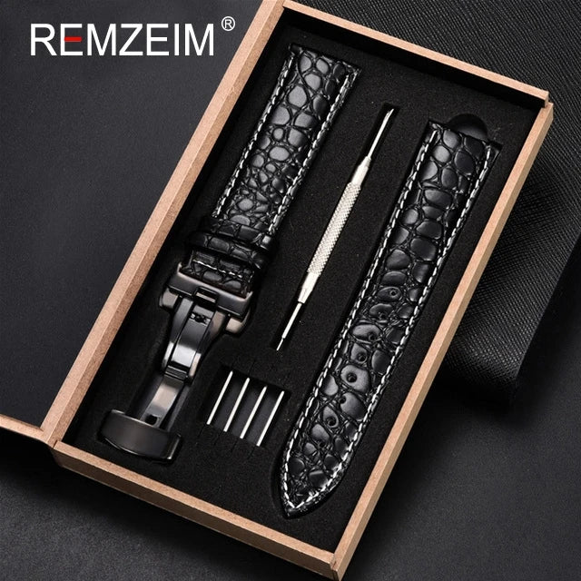 Geprägtes Leder Uhrenarmband 18-24mm mit Schmetterlingsverschluss