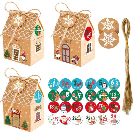 24 Geschenkboxen aus Kraftpapier mit Etiketten für Weihnachten