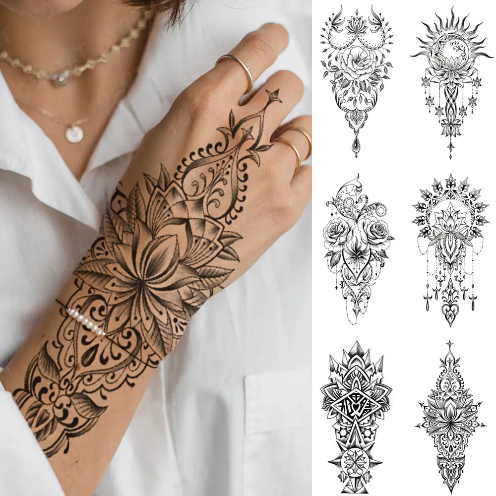 6 Wasserdichte Temporäre Tattoo Aufkleber Henna Mandala Blumen Arm