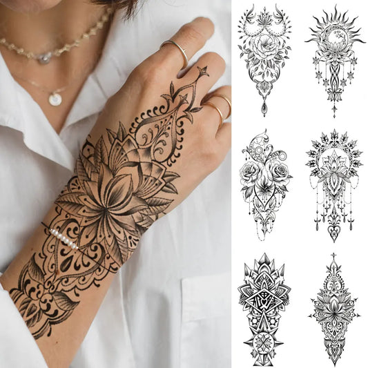 6 Wasserdichte Temporäre Tattoo Aufkleber Henna Mandala Blumen Arm