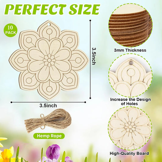 10 Stück Holzornamente Blumenmotiv - Unvollendete Holzscheiben mit Loch zum Selbstgestalten-Yabubest - Home & More