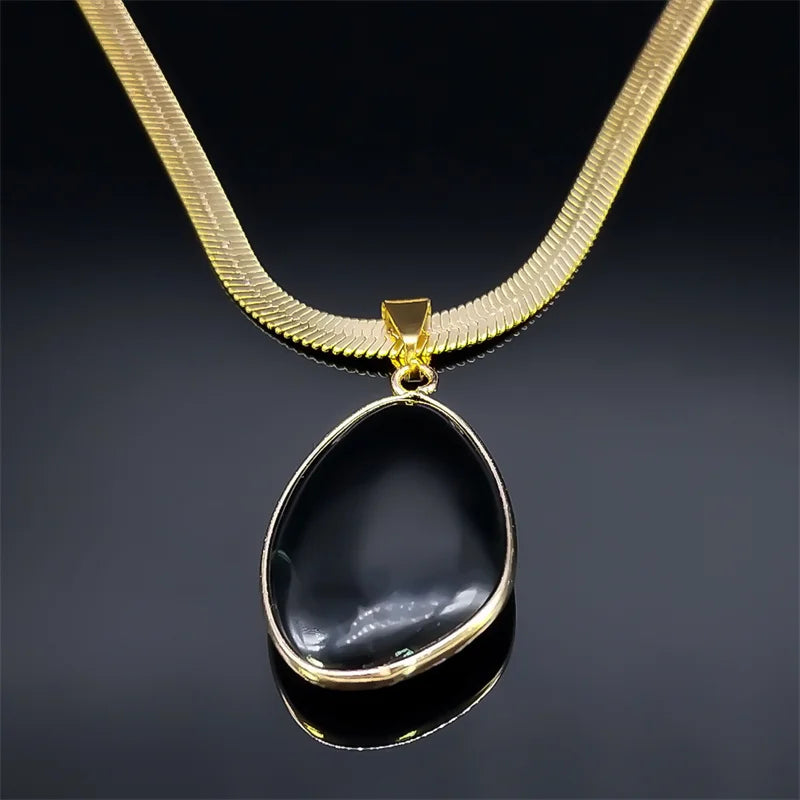Unregelmäßiger Schwarzer Obsidian Anhänger mit Edelstahl Schlangenkette