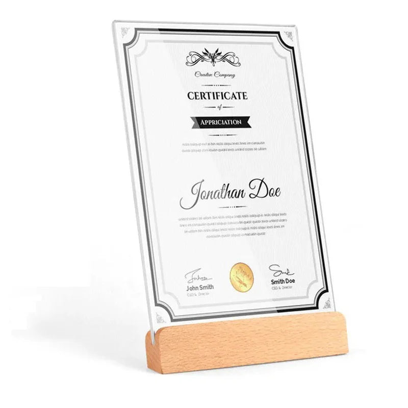 Transparenter Acryl Fotorahmenhalter mit Holzsockel für A4 A5 A6 Formate