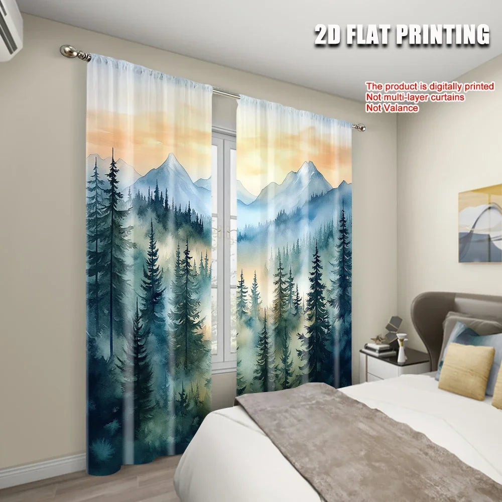 Vorhänge im Waldbergen Design aus langlebigem Polyester 2er Set