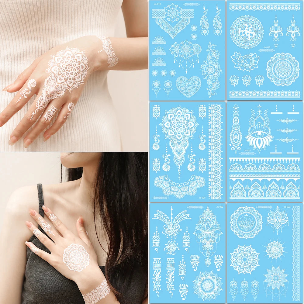 6 Blatt Weiße Henna Tattoos Boho Wassertransfer Körpertattoos Damen