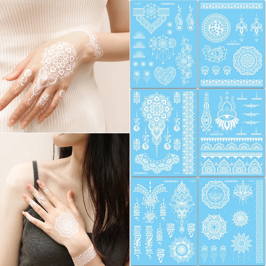 6 Blatt Weiße Henna Tattoos Boho Wassertransfer Körpertattoos Damen