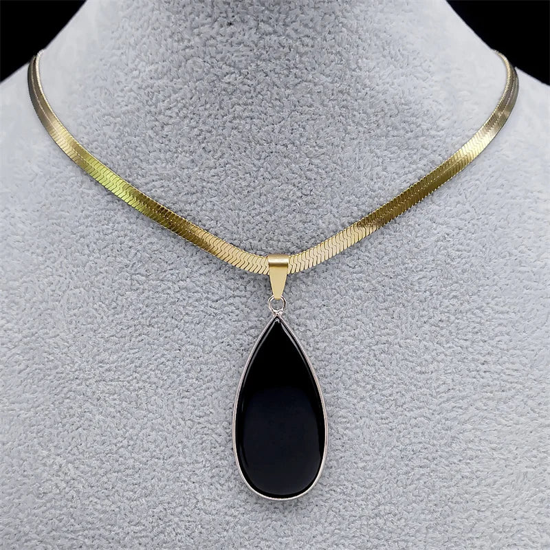 Kpop Schwarz Obsidian Wassertropfen Halskette Edelstahl Goldfarbe Damen