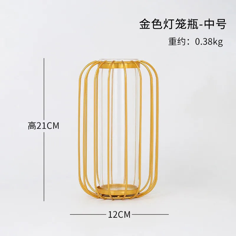 Nordische Goldene Glasvase mit Metallhalter für moderne Wohnkultur