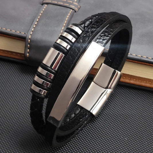 Multilayer Herren Armband aus Edelstahl und Leder mit Perlen Design