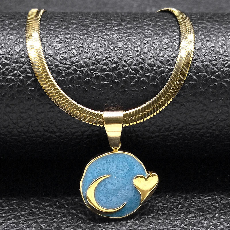 Mond Herz Emaille Lava Anhänger Halskette für Frauen Gold Edelstahl