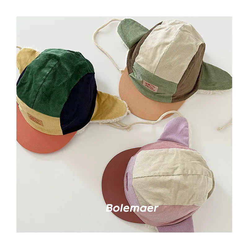 Warme Winter Patchwork Cord Baseball Caps mit Pelzfutter für Kleinkinder