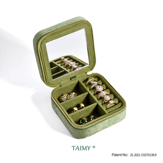 TAIMY Vintage Samt Reise-Schmuckbox Grün mit Spiegel Organizer