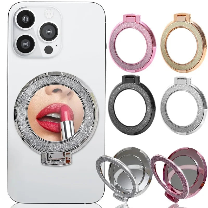 Glitzer-Handyhalter mit Ringgriff und runder Spiegel fürs Smartphone