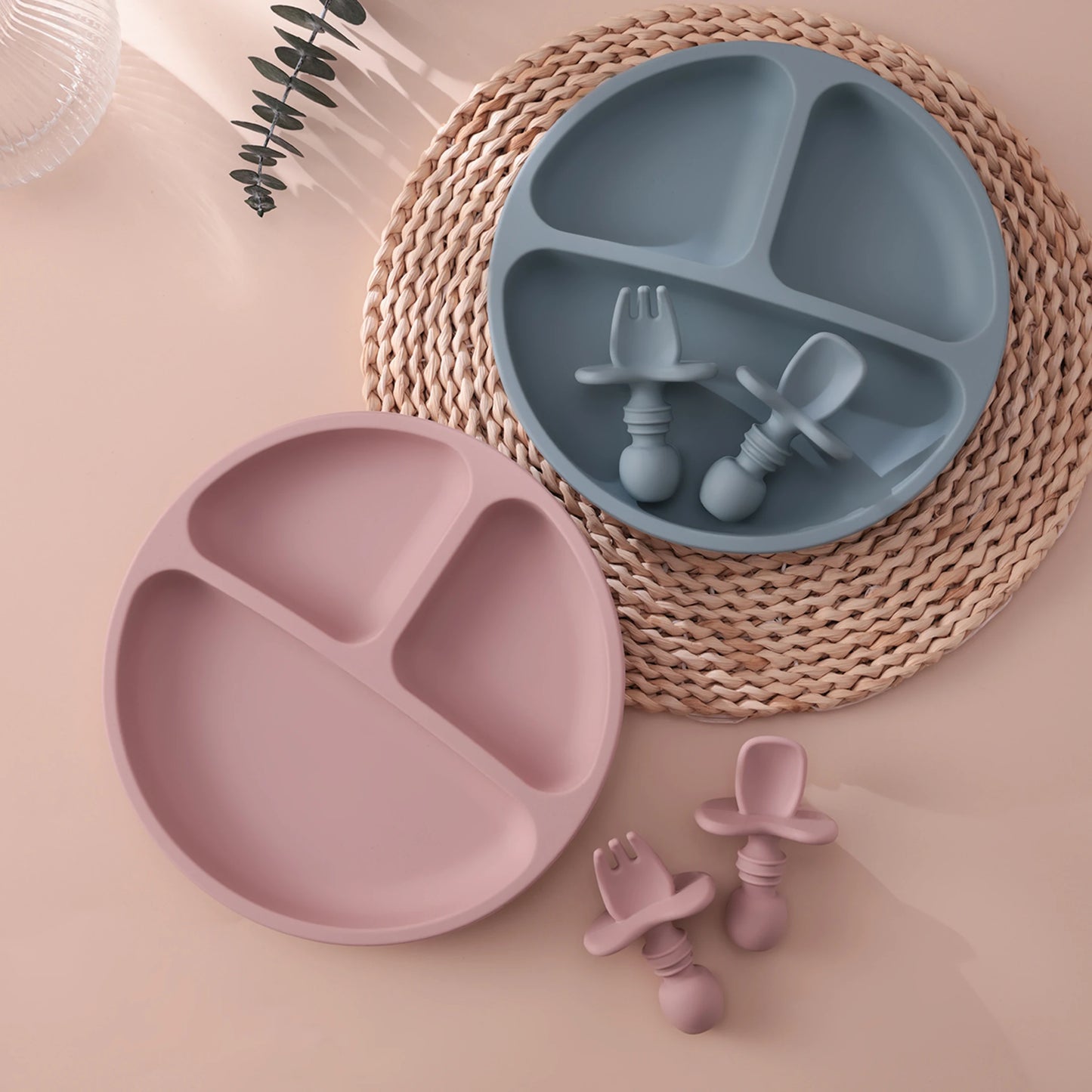 3-teiliges BPA-freies Silikon Baby Geschirrset mit Saugteller und Besteck