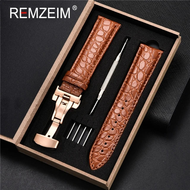Geprägtes Leder Uhrenarmband 18-24mm mit Schmetterlingsverschluss