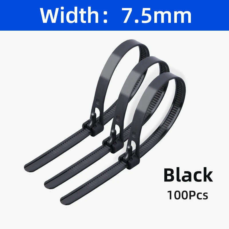 100x wiederverwendbare Nylon Kabelbinder schwarz 8x150-450 mm lösbar