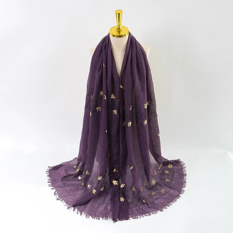 Damen Baumwoll-Leinen Schal Gold Bedruckt Quadratisch Kleine Blumenmuster