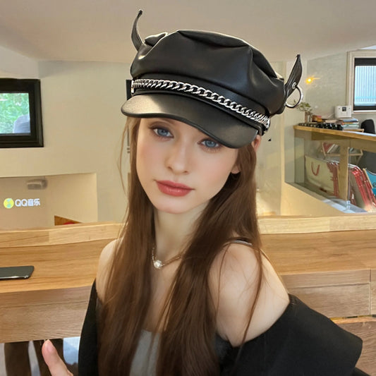 Modische Baskenmütze für Damen aus schwarzem Kunstleder mit flacher Oberseite - Yabubest - Home & More