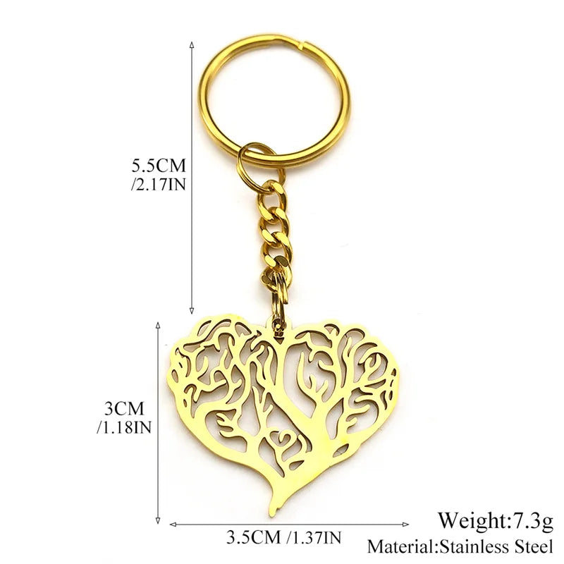 Herzförmiger Edelstahl Schlüsselanhänger Baum des Lebens Gold Silber