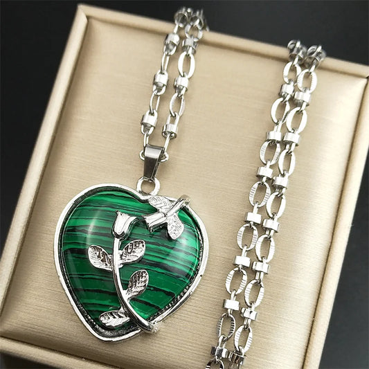 Herzanhänger Halskette mit grünem Malachit Stein aus Edelstahl Unisex