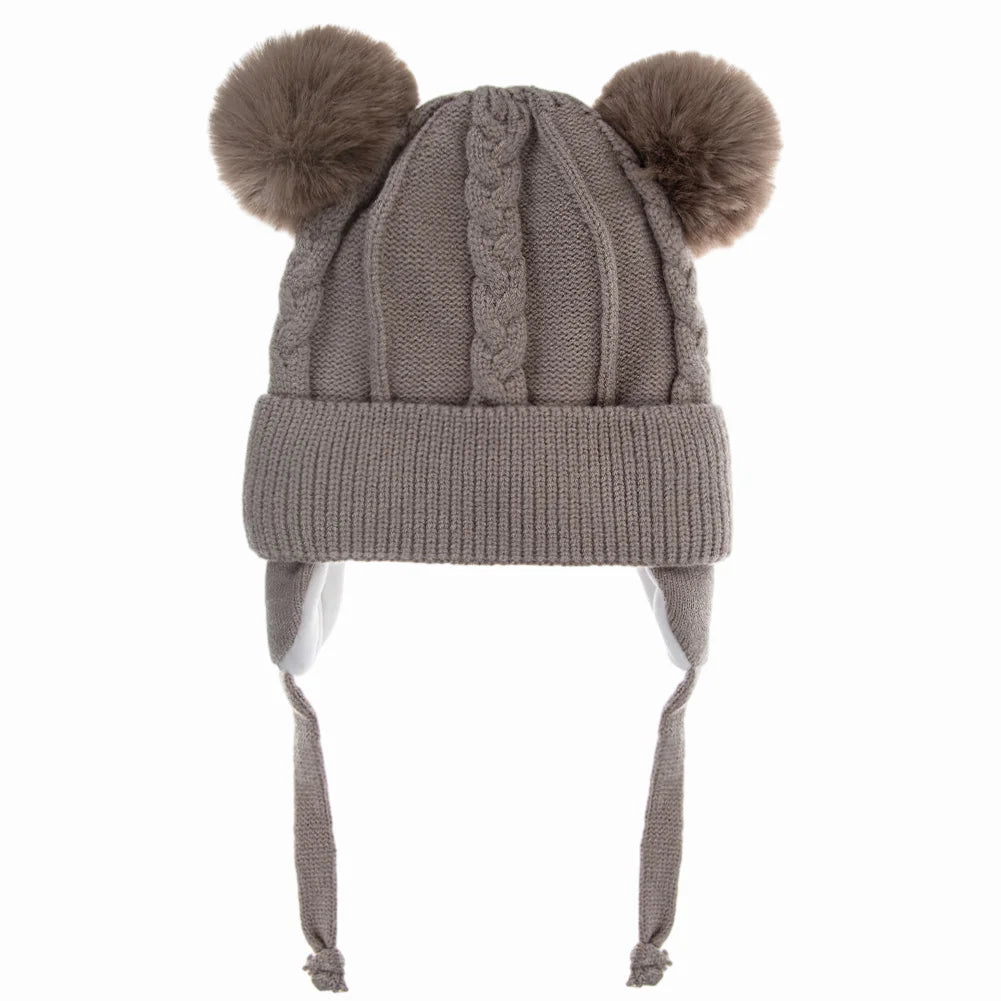 Warme Baby Strickmütze mit Bär Motiv und Baumwollfutter für 1-3 Jahre