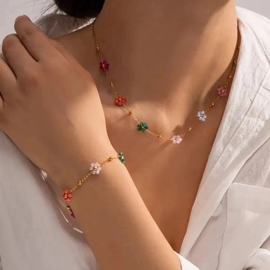 Buntes Blumen Muster Schmuck Set – Wasserdichte Halskette Armband