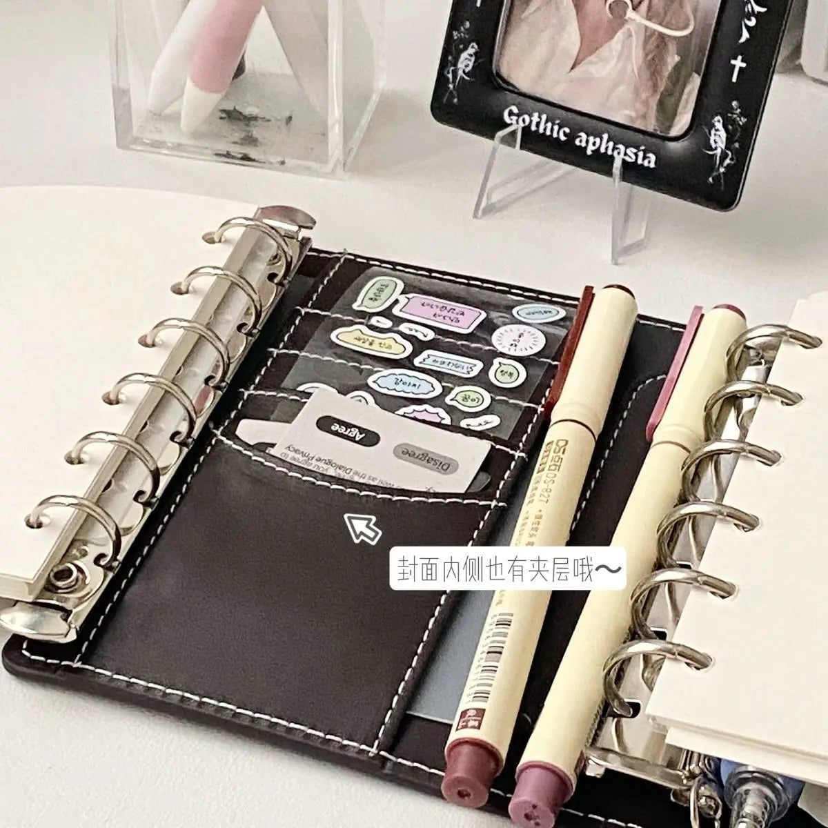 Bindemittel A7 Notizbuch abnehmbar loseblattig dunkelbraun weiß Kunstleder