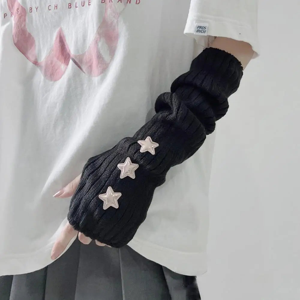 Lange Fingerlose Strickhandschuhe mit Stern Damen 30cm Armstulpen Freizeit