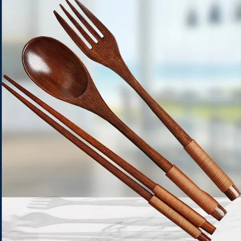 Japanisches Holz Besteck Set – Stäbchen Gabel Löffel für Küche & Reise