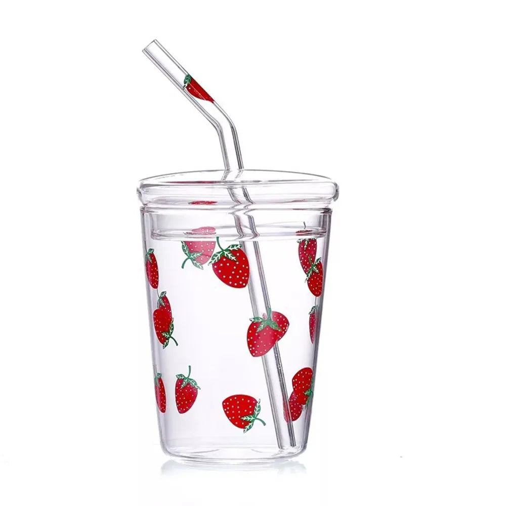 Kawaii Erdbeer-Glasbecher mit Deckel und hitzebeständigem Strohhalm