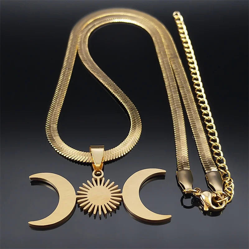 Unisex Edelstahl Halskette Dreifache Mondgöttin Gold Farbe Verstellbar