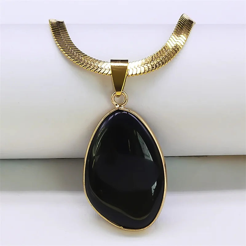 Unregelmäßiger Schwarzer Obsidian Anhänger mit Edelstahl Schlangenkette