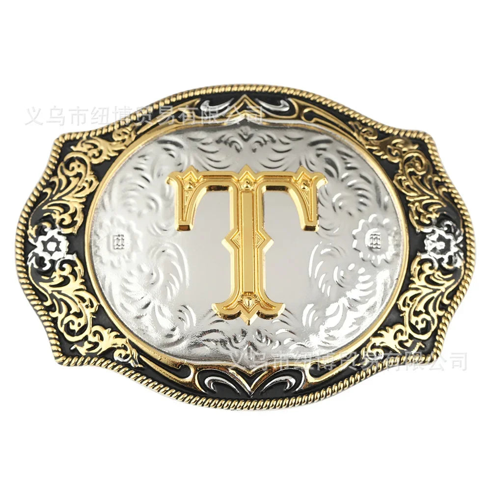 Goldfarbene Legierungs Gürtelschnalle im Western-Stil mit Buchstaben