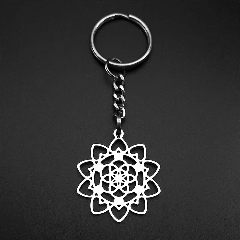 Edelstahl Schlüsselanhänger 7-Chakra Herz Blume des Lebens Schmuck