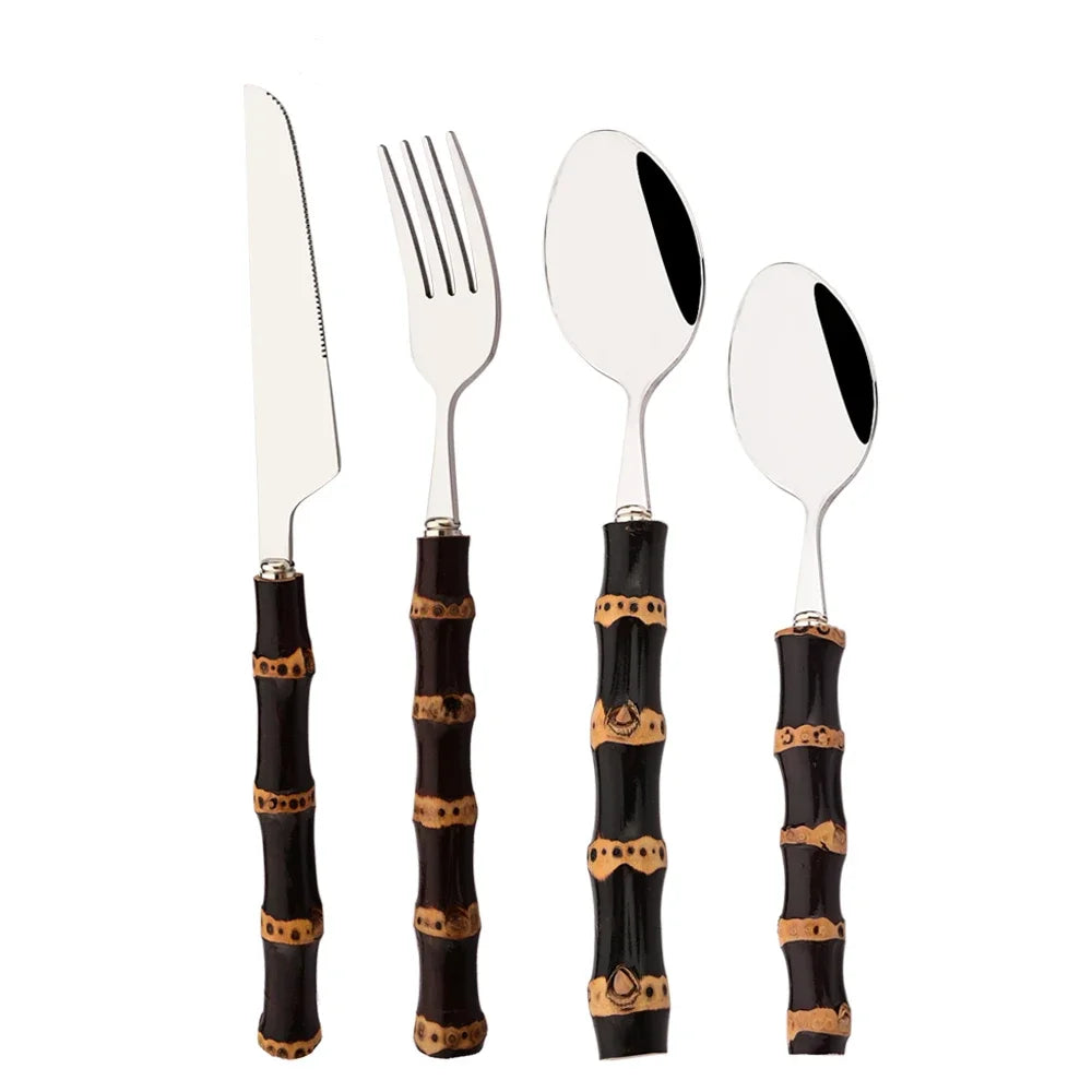 Modernes 4/5-teiliges Besteckset mit schwarzem Bambusgriff und Edelstahl-Design